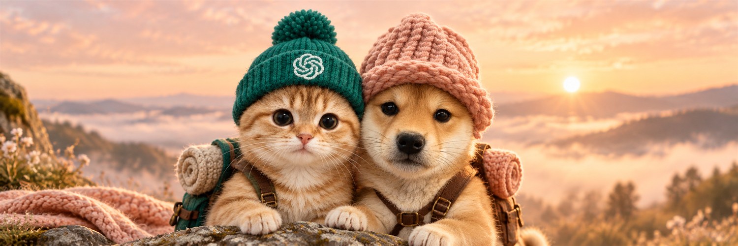 FriendsWifGpt kitten and puppy beginning an adventure at sunrise