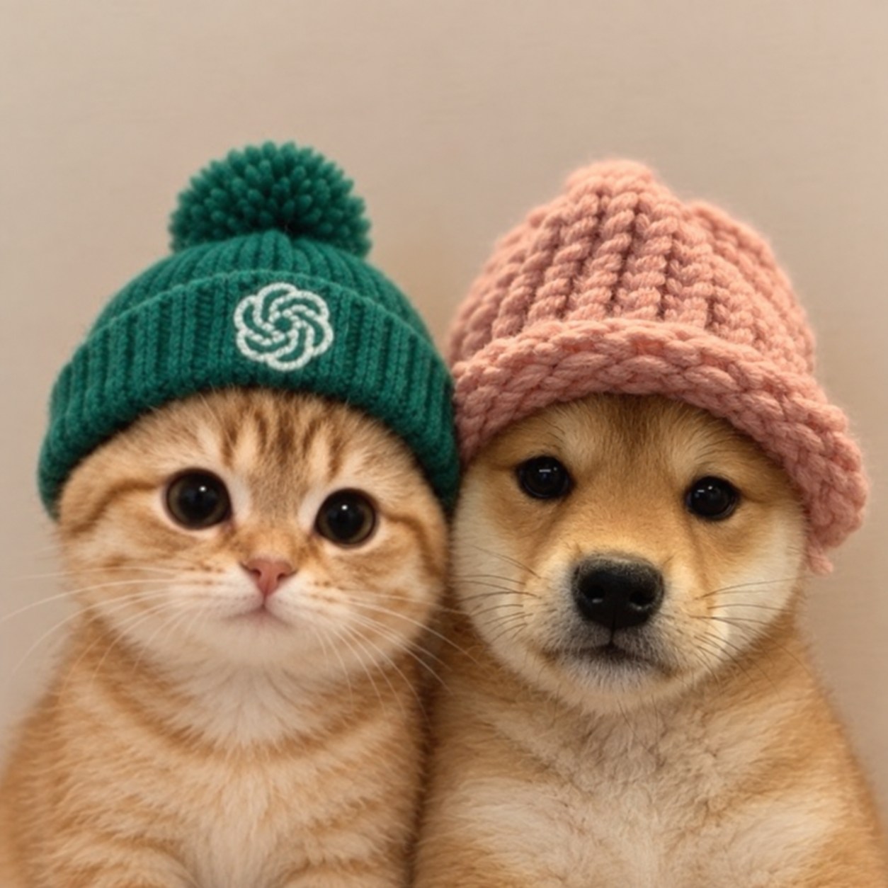 Orange kitten and tan puppy wearing green and peach knitted hats