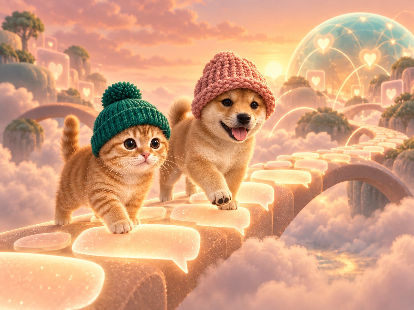 The kitten and puppy crossing a glowing bridge of chat bubbles